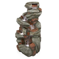 5-Tiered 53” Tall Outdoor Floor Rock Stone Water Fountain for Garden or Patio with Natural Stone Look, Light Gray, With Lights