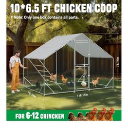 Large Chicken coop 10x6.5x6.5ft Metal Chicken Coop with Roosting Perches and Security Lock