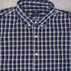 J Crew Flex Washed Extra Large Shirt Navy Blue Tartan Plaid Pattern Long Sleeve