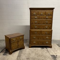 Vintage Baker Burl Wood Chest of Drawers and Nighstand Set