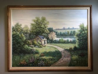 Large canvas painting, 53”x42” oak frame
