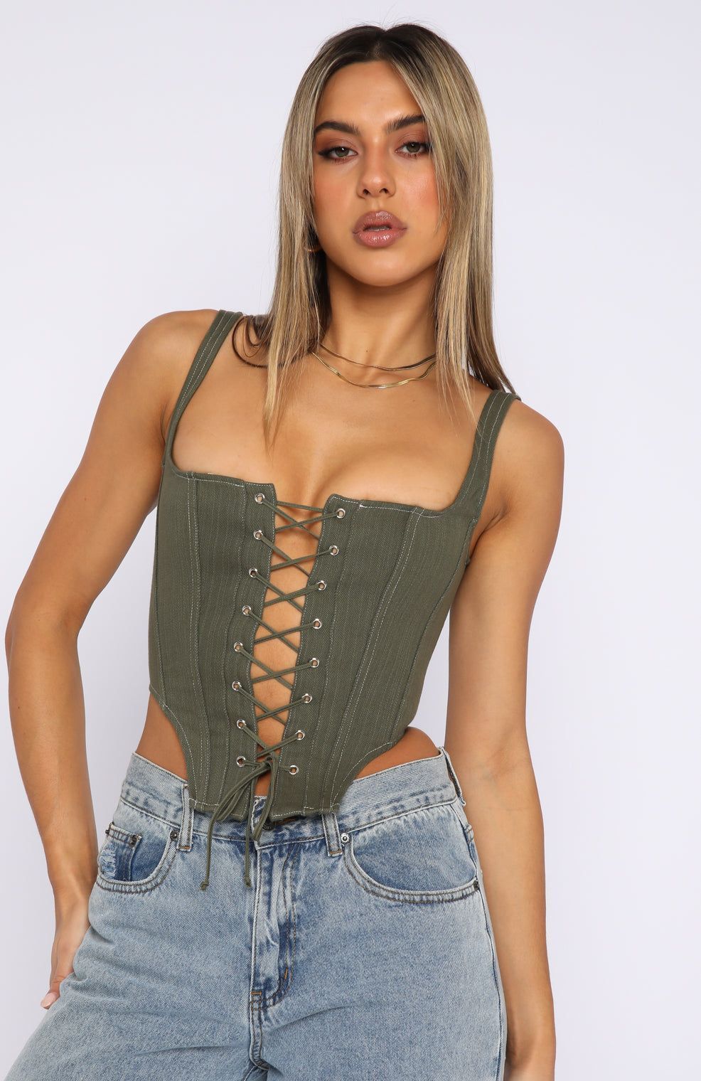 White Fox Boutique Khaki green corset top with adjustable lace up back Size Xs