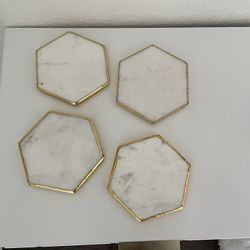 White Marble Gold Trimmed Hexagon Coaster (4 pack)
