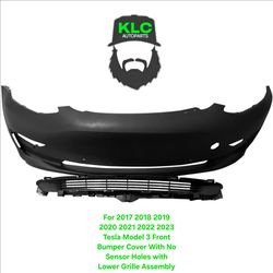 For 2017 2018 2019 2020 2021 2022 2023 Tesla Model 3 Front Bumper Cover With No Sensor Holes with Lower Grille Assembly