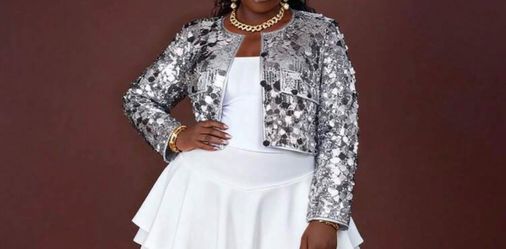 CurvyTilda Plus Size Shiny Silver Sequin Round Neck Versatile Short Jacket, Party Wear In Fall/Winter, For Hourglass Body Shape