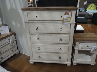 Napa Belmont 5 Drawer Chest - Antique Linen White With Natural Brown Wood Top | Dresser | Tallboy