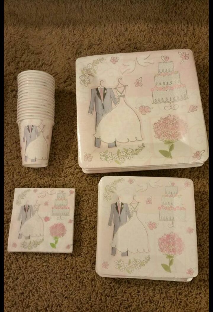 New paper plates, cups , utensils, for weddings or bridal shower or universary