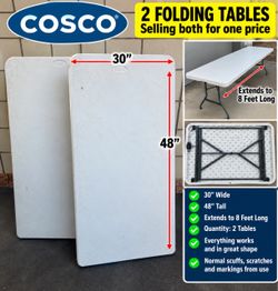 2 COSCO 8-Ft Folding Tables – 30” x 96” – $80 for Both