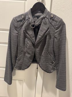 Grey plaid Moto-style blazer