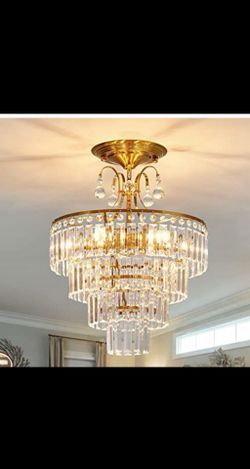 CVKASH 5 -Lights Crystal Gold Chandelier Fixture Modern Semi Flush Mount Ceiling Light with E12 Ceiling Lighting for Bedroom Living Room Kitchen Hallw