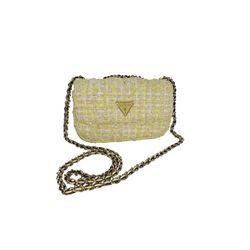 Guess Giully Yellow & White Tweed Mini Convertible Crossbody Flap Bag Purse