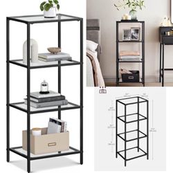Bookcase, 4-Tier Bookshelf, Slim Shelving Unit for Bedroom, Bathroom, Home Office, Tempered Glass, Steel Frame, Ink Black ULGT028B