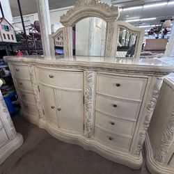 SALE 4PC Ornate Marble Top Bedroom Set | Dresser, Mirror, & 2 Nightstands | Traditional Solid Wood