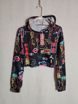 Romwe Fun Women's Graphic Print Tokyo Cropped Hoodie Sushi Neon Signs Size S NWT