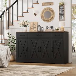 Kitchen Buffet Sideboard Storage Cabinet, Coffee Bar Cabinet, Black 55"W Farmhouse Kitchen Cabinet with Doors and Adjustable Shelves, Buffet Cabinet w