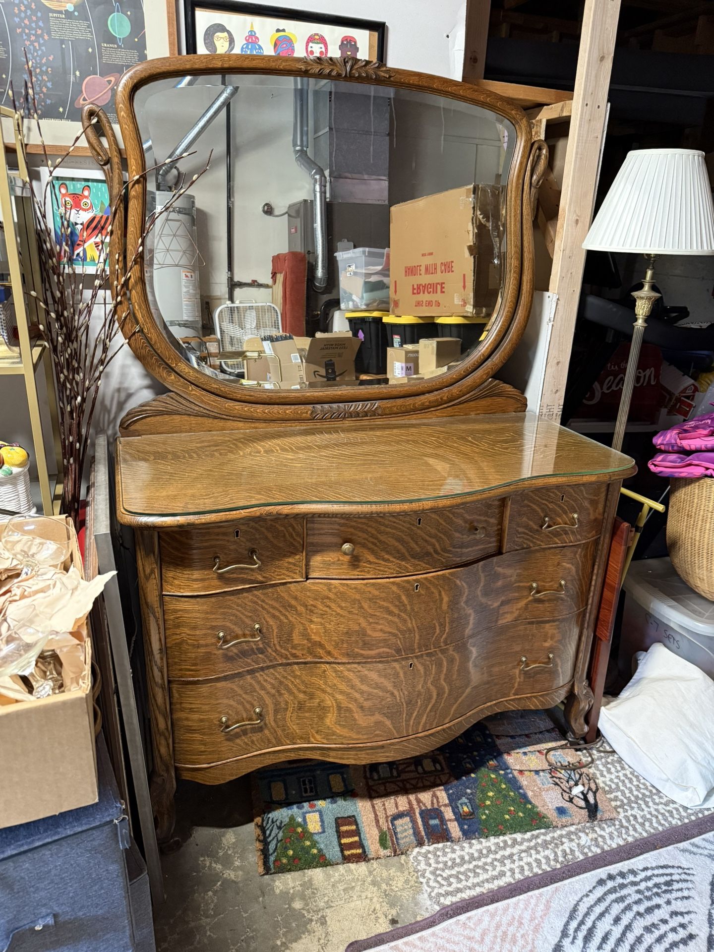 Antique Tiger Oak Dresser with Bird Carvings, Mirror & Glass Top – 4ft Wide