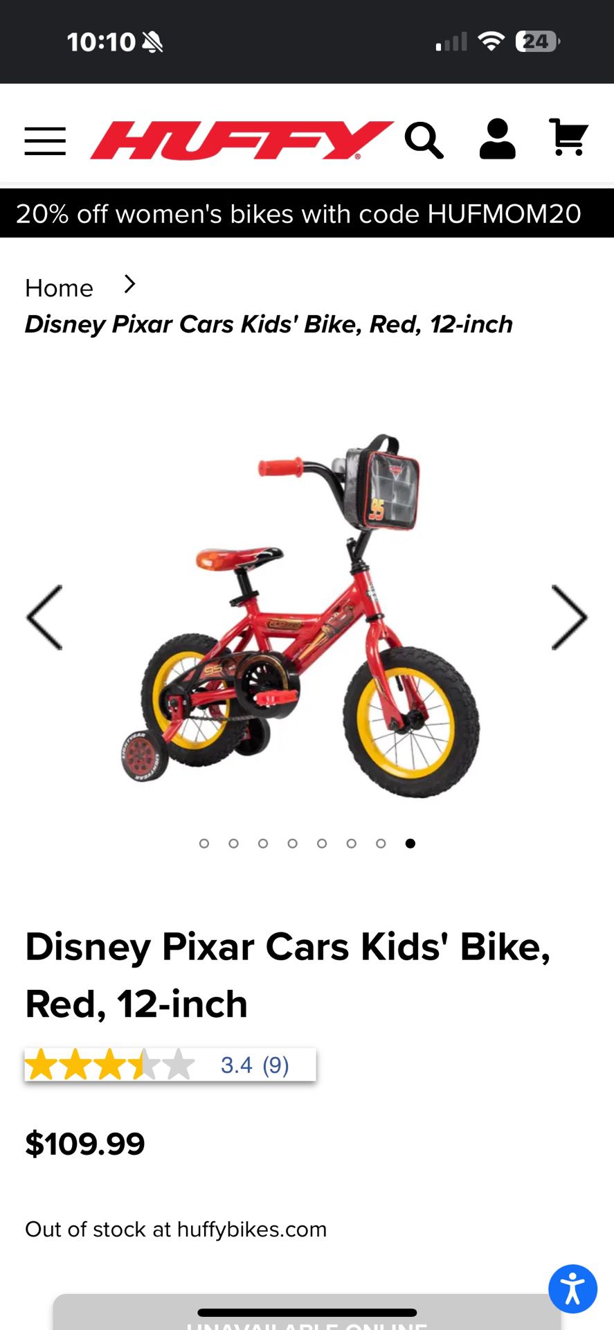 Disney Pixar Cars Kids' Bike, Red, 12-inch