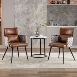 Dining Chairs Set of 2, Mid-Century Modern Dining Chairs with Metal Legs, Faux Leather Woven Kitchen Chairs for Kitchen, Living Room