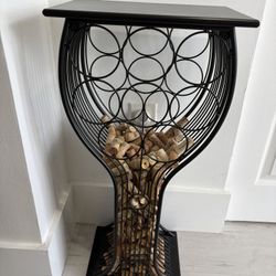 Fun Combination End Console Table, Wine Bottle & Cork Holder. Sturdy Black Metal. Holds 8 Bottles, & Glasses On Top. Use As Bar, On Island Or By Sofa.