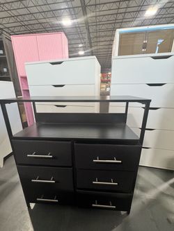 Black 6-Drawer Dresser with Open Shelf