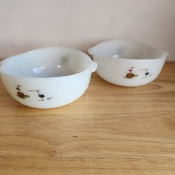 Pair Vintage Bowls Milk Glass Art Cartoon Comics B.C. Dino Roadrunner Hart Signed