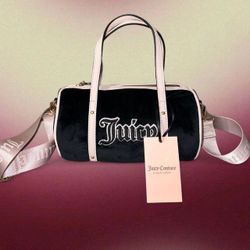 Juicy Couture black velvet duffle bag with white trim and silver hardware #y2kfashion
