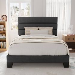  Twin Size Platform Bed Frame with Fabric Upholstered Headboard and Wooden Slats Support, Fully Upholstered Mattress Foundation/No Box Spring Needed/E
