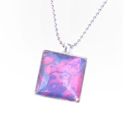 Pink purple and blue acrylic paint pour square pendant on 24" silver necklace new