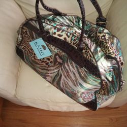 Kathy Van Zeeland Duffle Bag Weekender Rolling Wheeled Animal Print Feather Aqua
