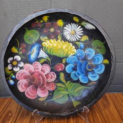 Vintage Floral Hand Painted Wooden Folk Art Plate Wall Hanging 13" Diam