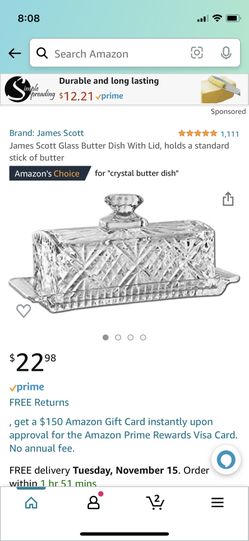 James Scott Glass Butter Dish With Lid, holds a standard stick of butter