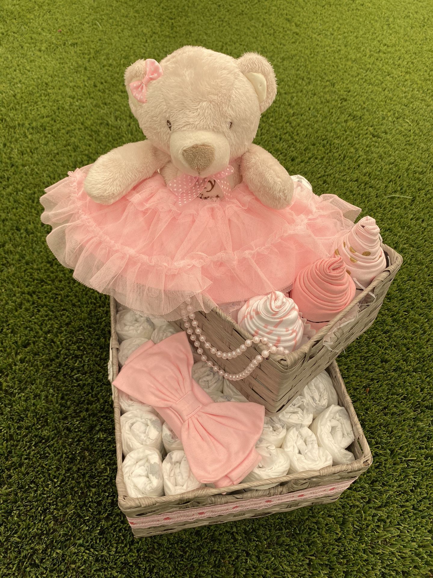 Pink Baby Girl Diaper Basket with Stuffed Teddy Bear, Two Tier Diaper Gift Basket with Decorations