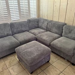 BRAND NEW DARK GREY CORDUROY SECTIONAL SOFA COUCH WITH OTTOMAN (NEW IN BOXES)