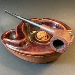 Vintage "The Fireside Pipe" France – 12" Churchwarden & Leather-Wrapped Ceramic Pipe Ashtray Set – Uncleaned Patina