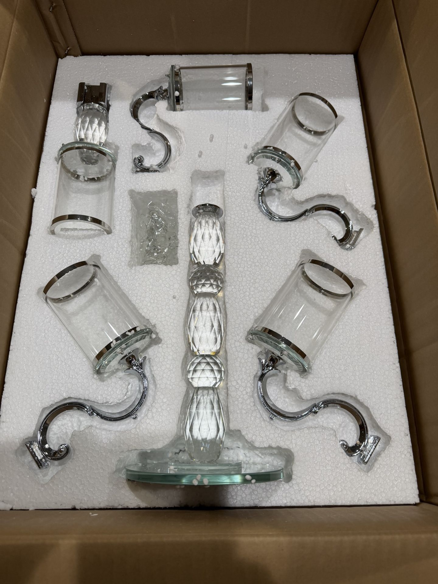 Crystal Candelabra 5 arm with Glass Cylinders 19.5" - Silver