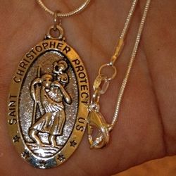 Saint Christopher Medal On A Skinny Chain In Perfect Condition 