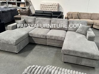 New! 120” Double Chaise L Sectional, Gray Sectional, Grey Couch, Corduroy Sectional, Plush Sofa, U-shaped Couch, Sofas, Large Sectional, Furniture