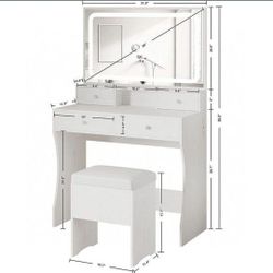 Vanity Makeup Table Desk Set with LED Light Mirror & Power Outlet, with Drawers, Modern White
