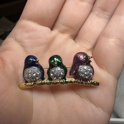 Three 3 Birds Pin Brooch Rhinestone Enamel Alloy