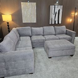 3 Piece Gray Kylie Fabric Sectional with Ottoman