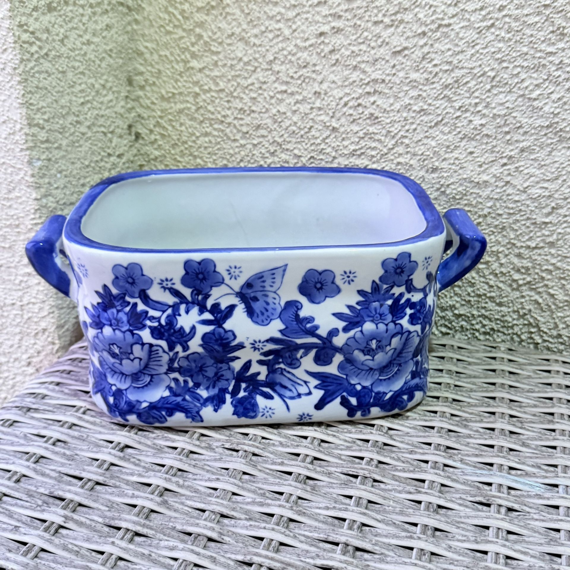 Blue & White Chinoiserie Ceramic Planter / Cachepot • 10.5”