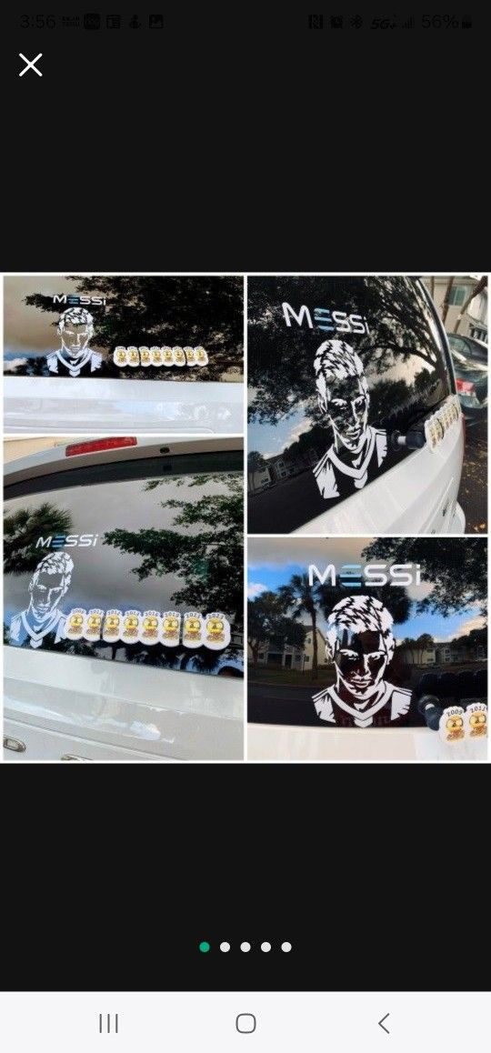 REGALA ALGO ORIGINAL Y UNICO.
SET de sticker en vinilo de MESSI (6in. X 10in.) Con cubierta para limpiaparabrisas de sus 8 BALONES DE ORO.