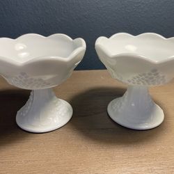 Vintage Milk Glass Grape Pedestal Candle Holders Pair 4”
