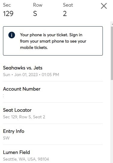 Seahawks Vs Jets Jan 1st, Sec 129, 2 Tix, great seats $200 each