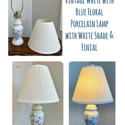 Vintage White with Blue Floral Porcelain Lamp with White Shade & Finial 