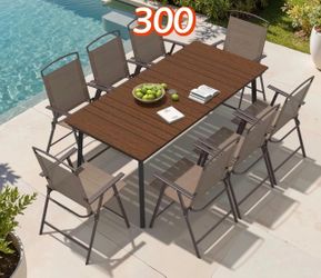 9 Piece Patio Dining Set, 70" Walnut Metal Outdoor Table and 8 Folding Chairs, with Umbrella Hole for Porch Poolside Yard Garden, Brown