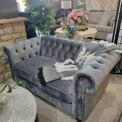 Chesterfield Grey Velvet Loveseat