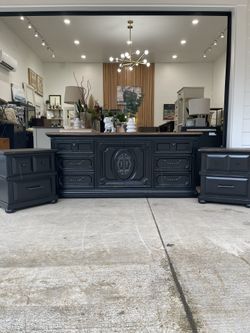 Solid Oak, Black, Nine drawer Dresser 