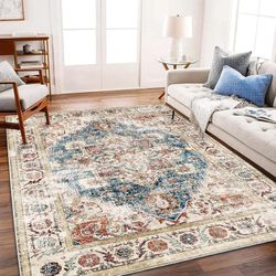 Washable Area Rug 9'x12' Beige Blue Boho Chic Medallion Distressed Design Non-Shedding Easy Care Ideal for High Traffic Areas in Living Room Bedroom O