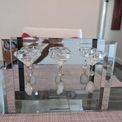NEW Mirrored Crystal Tea Light Candle Holder with Quartz Pisums